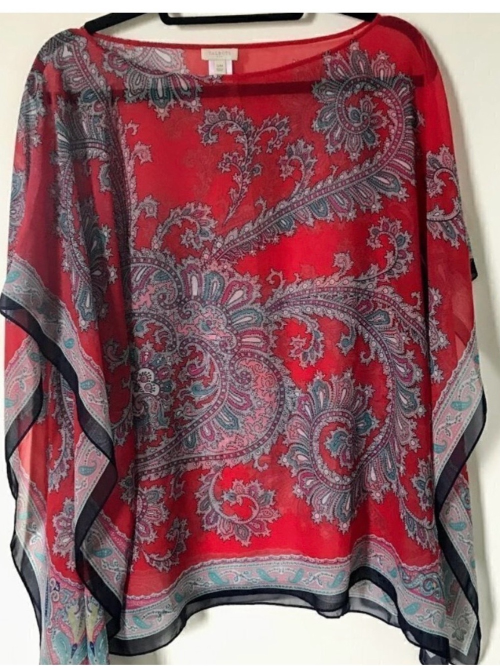 Talbots Top - Red Sheer Paisley Poncho Top S/M